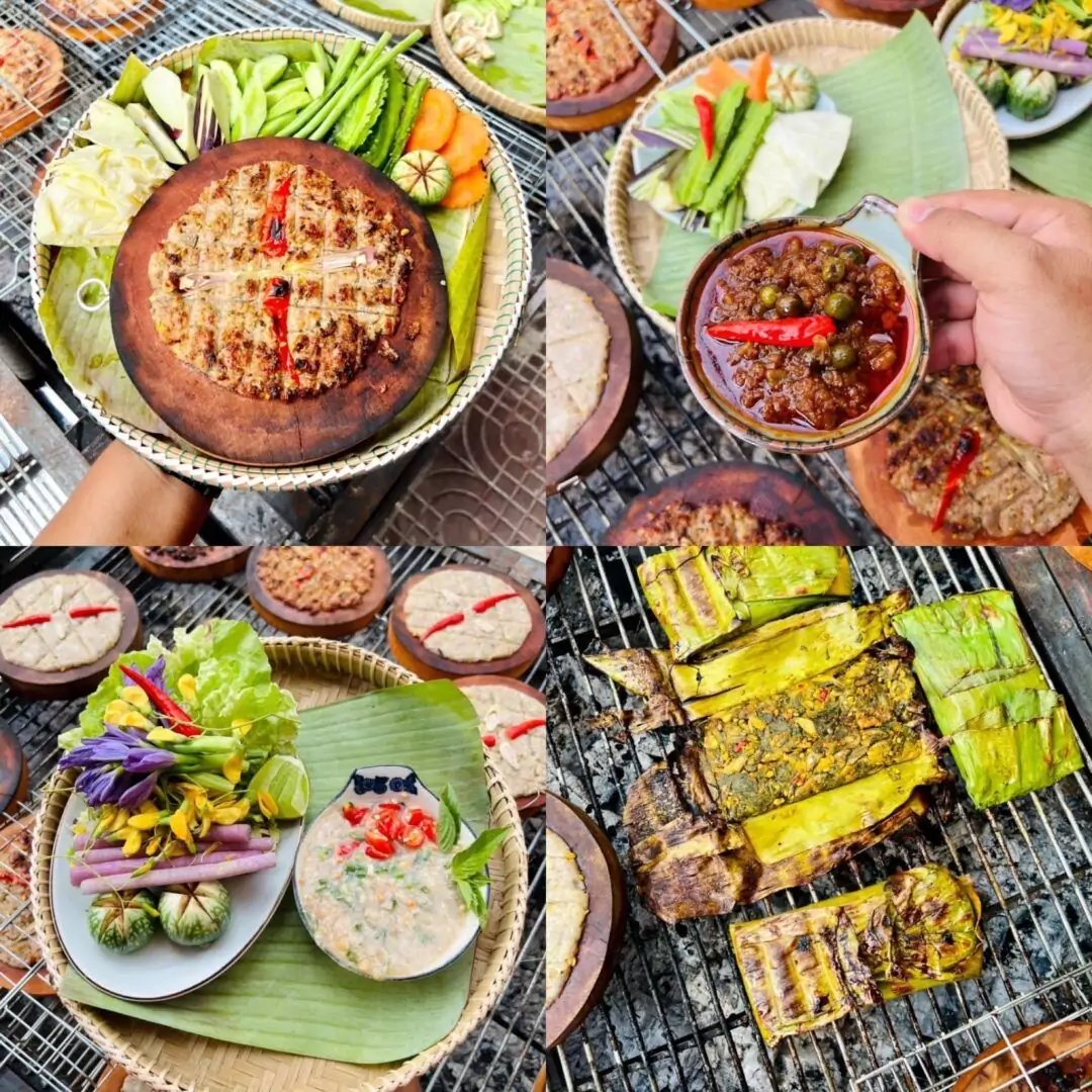 Prahok servi avec des légumes crus et des herbes