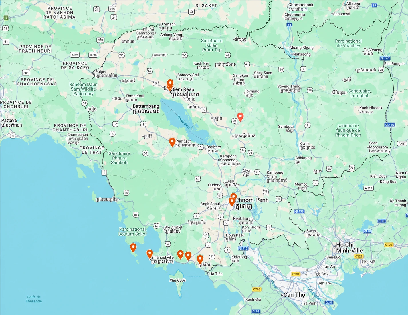 Itinéraire du circuit : Siem Reap, Battambang, Kampong Cham, Phnom Penh
