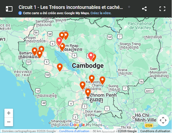 Itinéraire du circuit : Siem Reap, Battambang, Kampong Cham, Phnom Penh