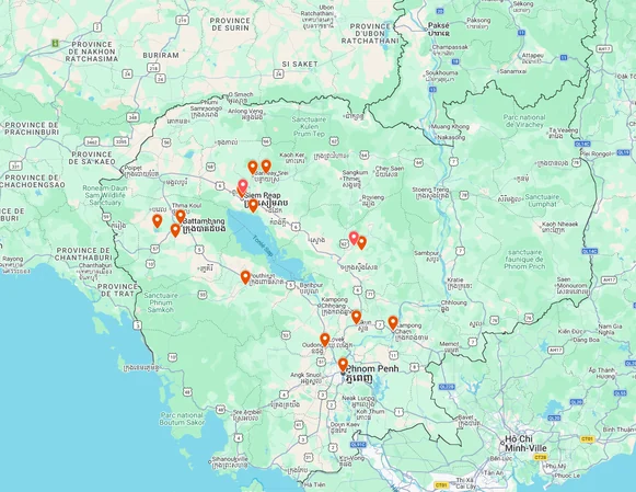 Itinéraire du circuit : Siem Reap, Battambang, Kampong Cham, Phnom Penh