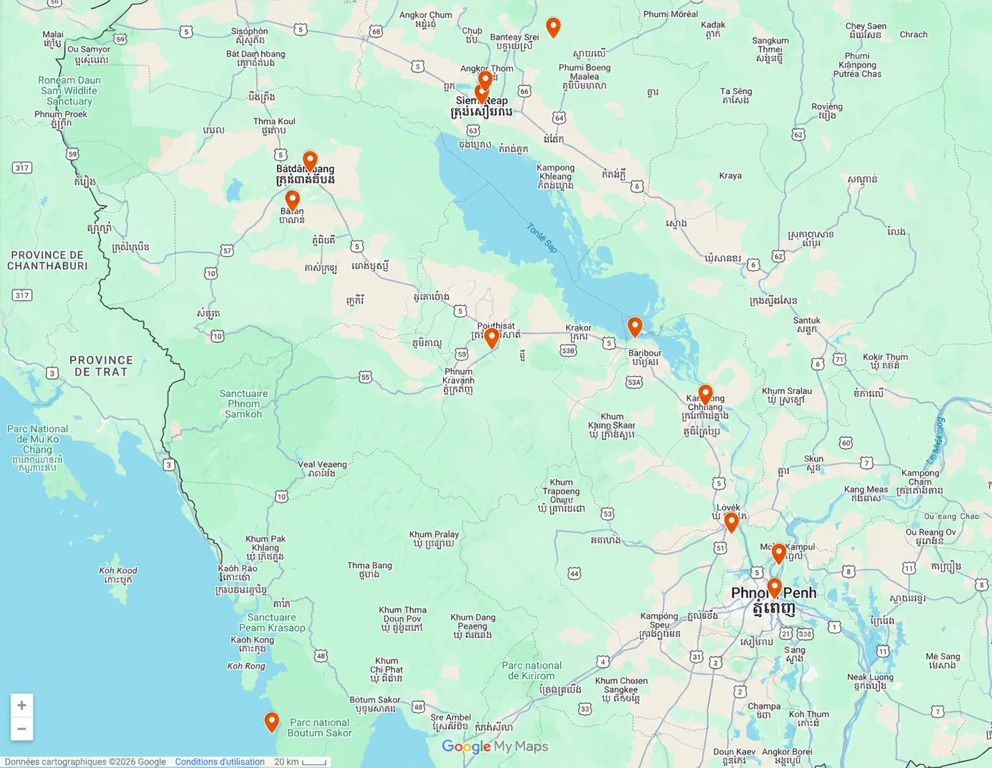 Itinéraire du circuit : Siem Reap, Battambang, Kampong Cham, Phnom Penh